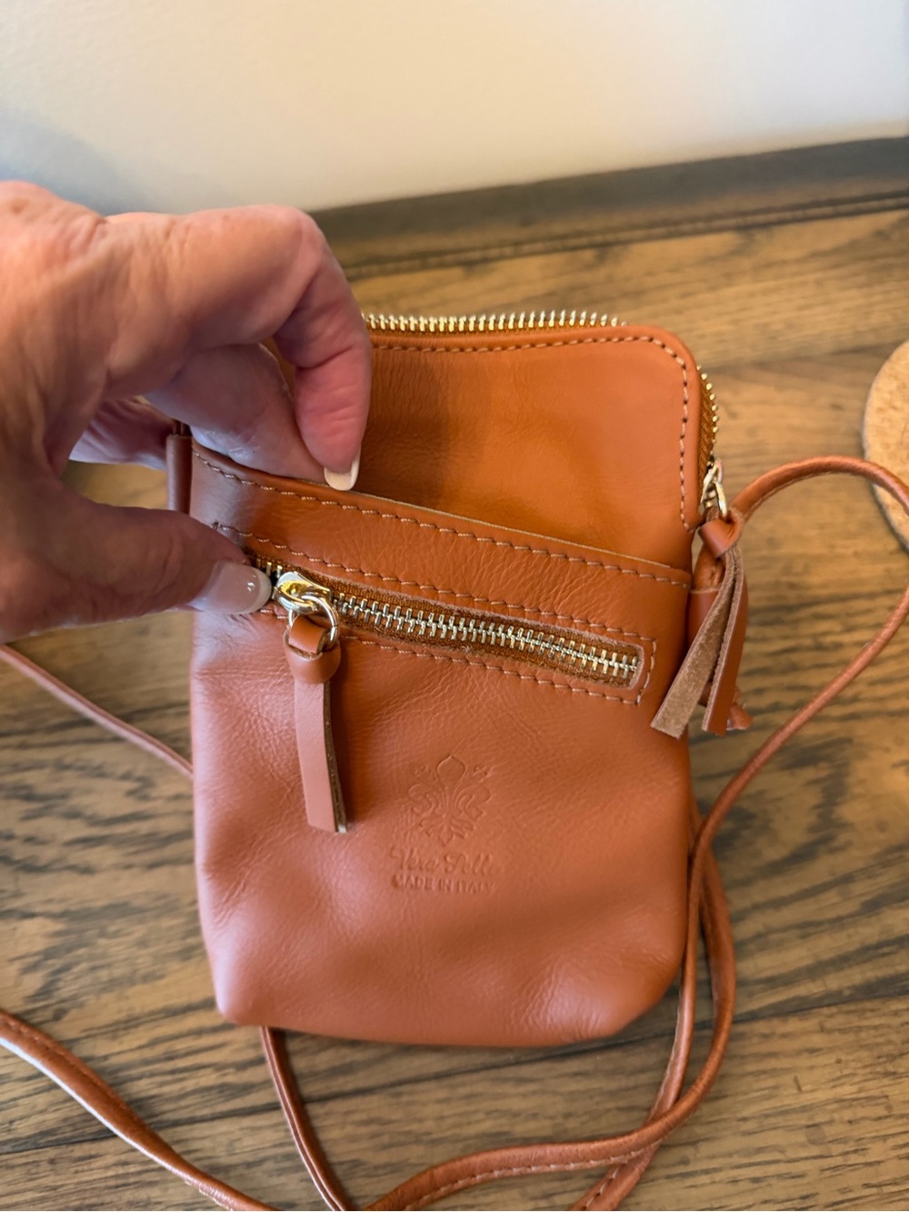 Vera Pelle Small Leather Crossbody in Cognac